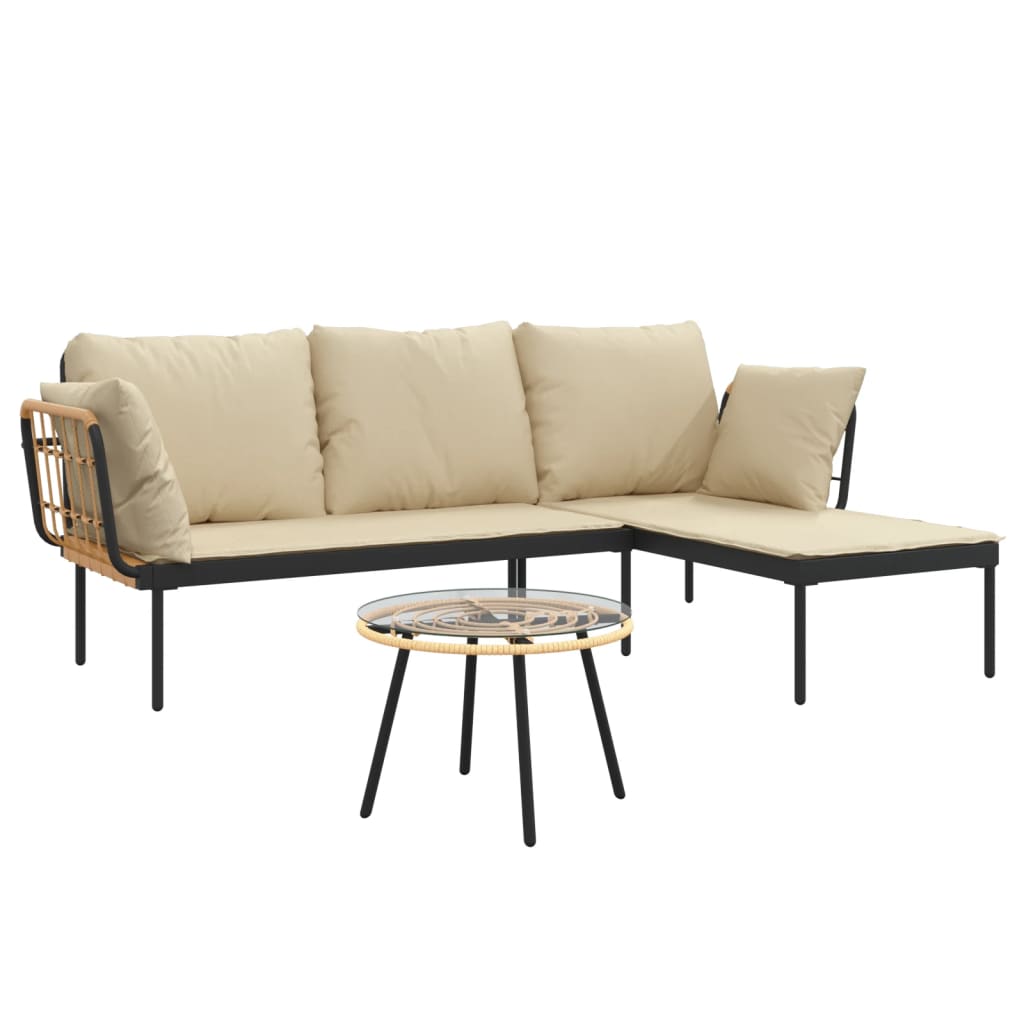 3 Pcs conjunto lounge de jardim c/ almofadões beges vime PE