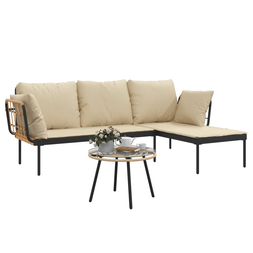 3 Pcs conjunto lounge de jardim c/ almofadões beges vime PE