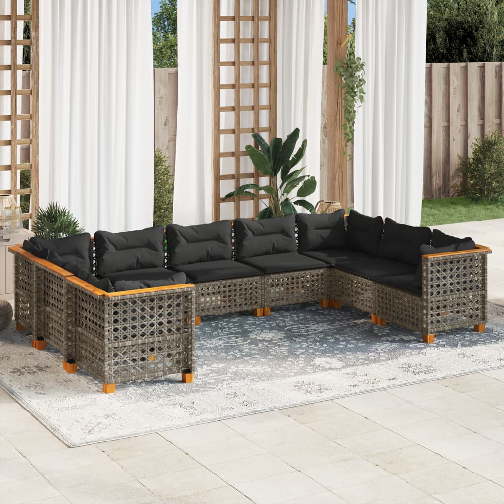 9 Pcs conjunto sofás p/ jardim com almofadões vime PE cinzento
