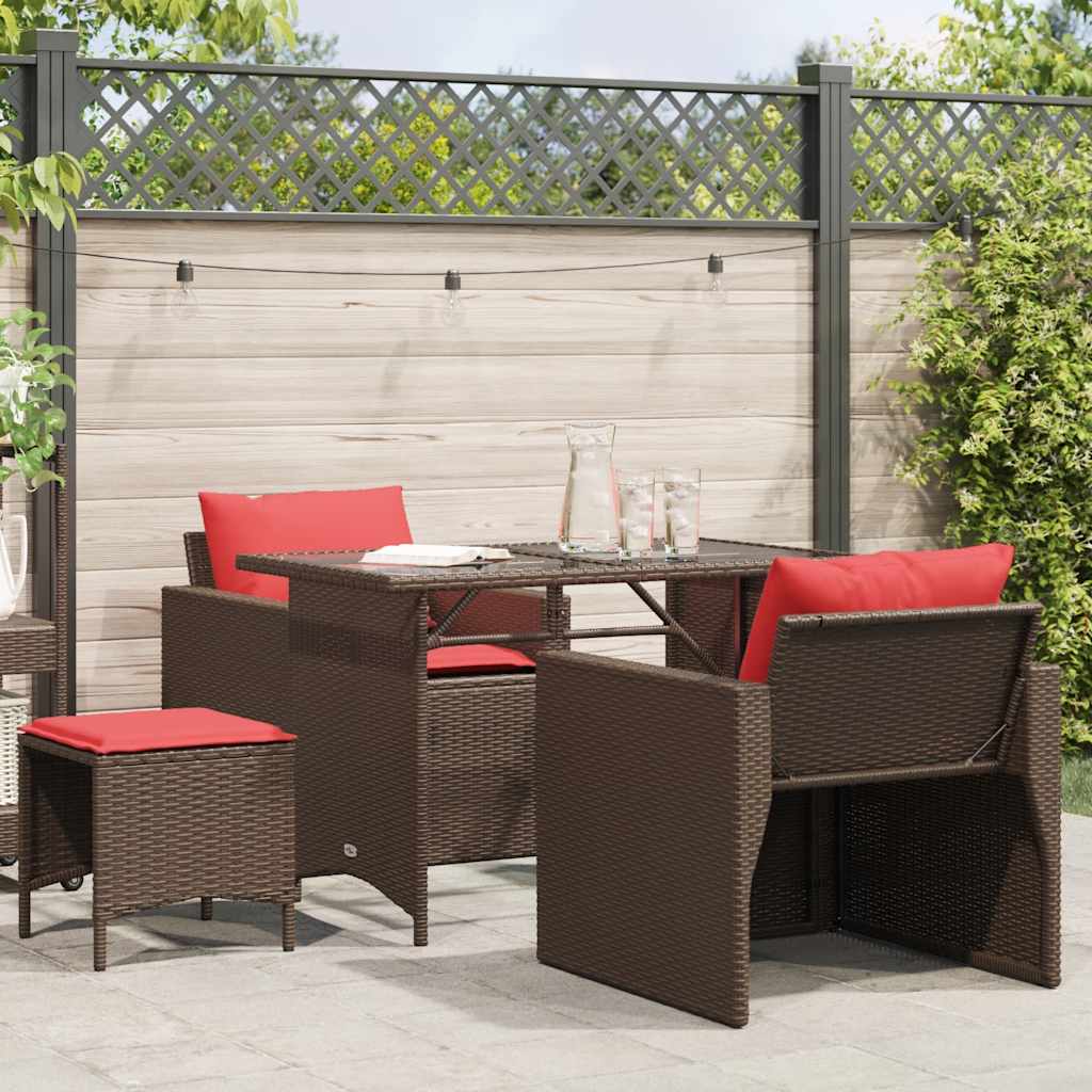 4 Pcs conjunto sofás de jardim c/ almofadões vime PE castanho