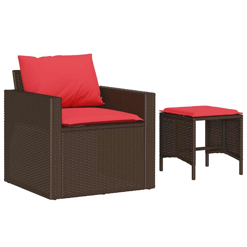 4 Pcs conjunto sofás de jardim c/ almofadões vime PE castanho