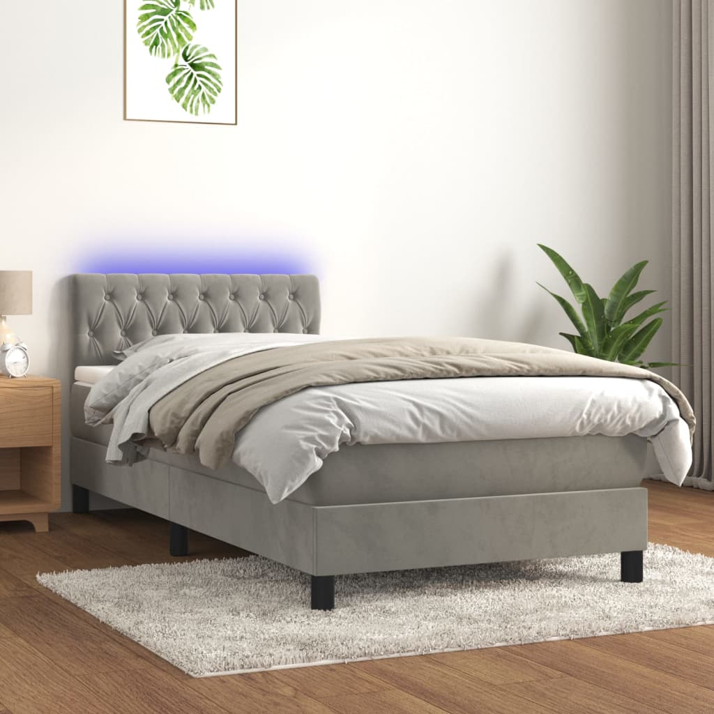 Cama box spring c/ colchão/LED 90x190 cm veludo cinzento-claro