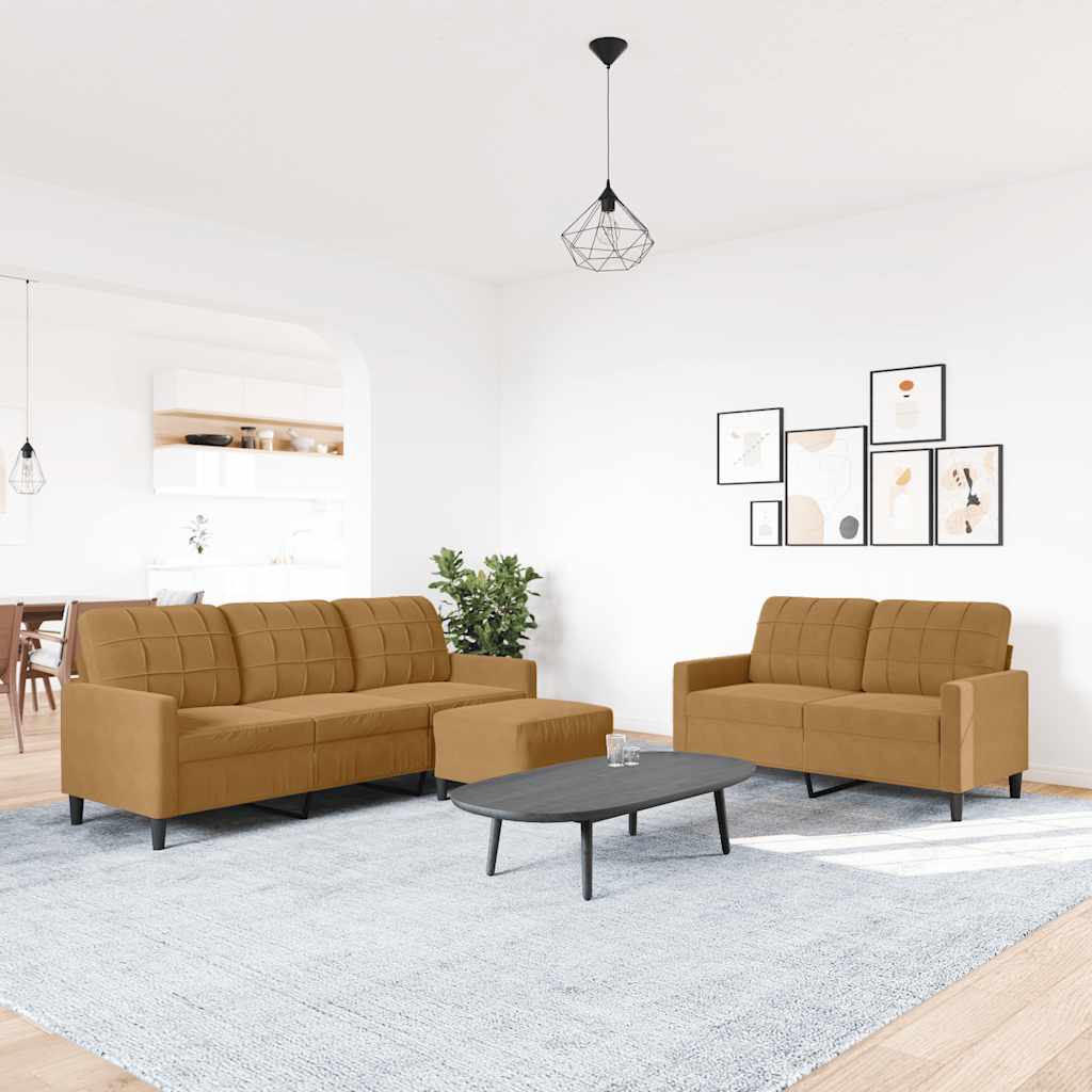 3 Pcs conjunto de sofás com almofadões veludo castanho