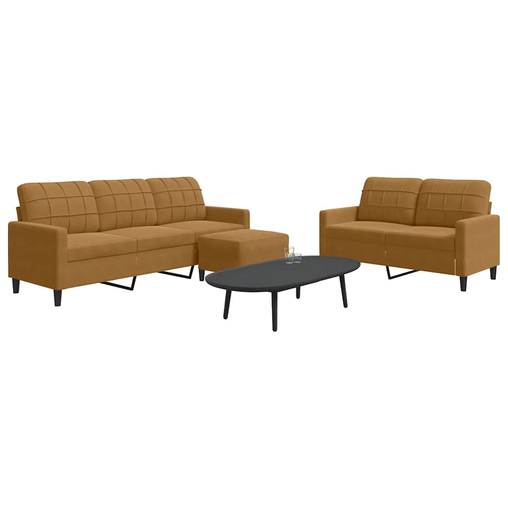 3 Pcs conjunto de sofás com almofadões veludo castanho