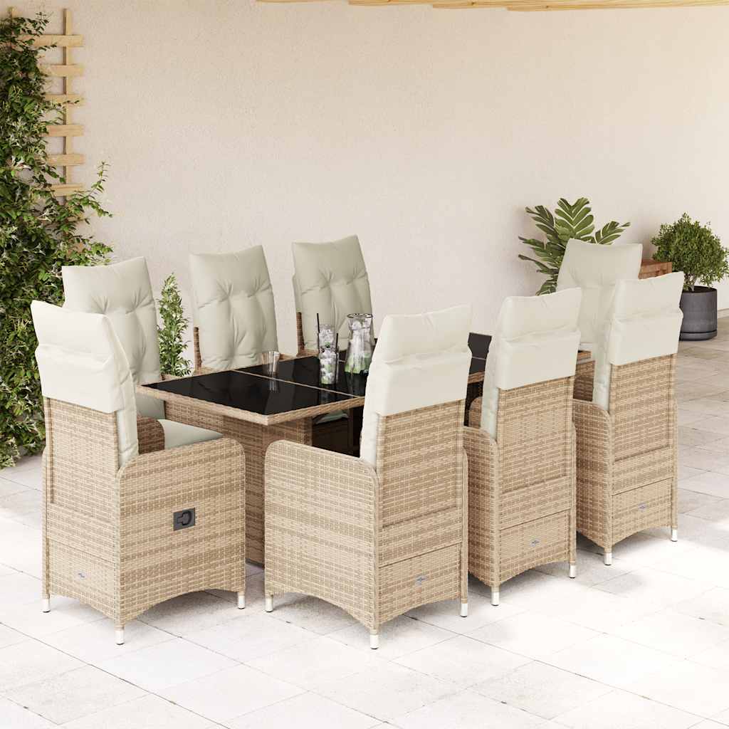 9 Pcs conjunto de bistrô para jardim c/ almofadões vime PE bege