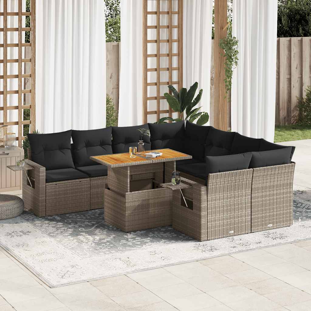9 Pcs conjunto sofás p/ jardim com almofadões vime PE cinzento