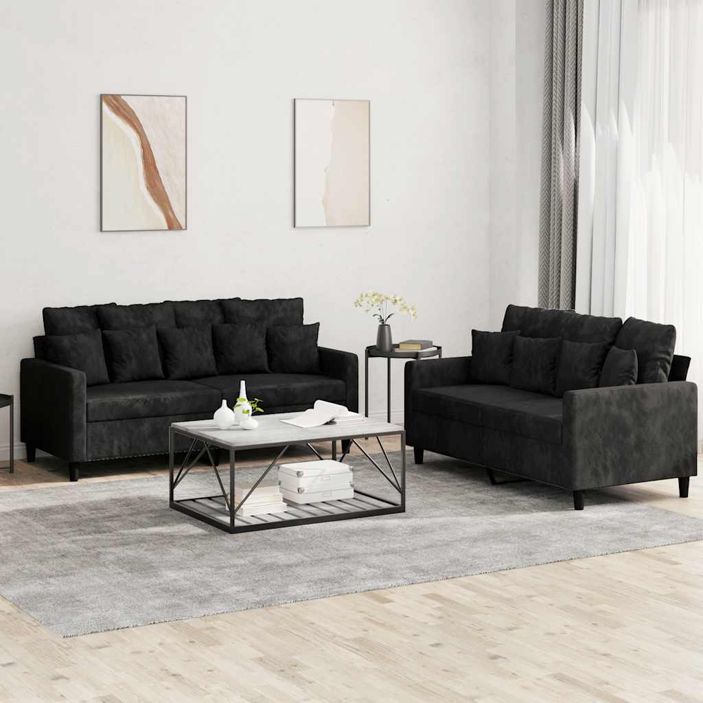 2 Pcs conjunto de sofás com almofadões veludo preto