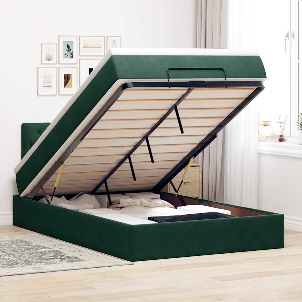 Estrutura de cama otomana com colchão verde escuro veludo