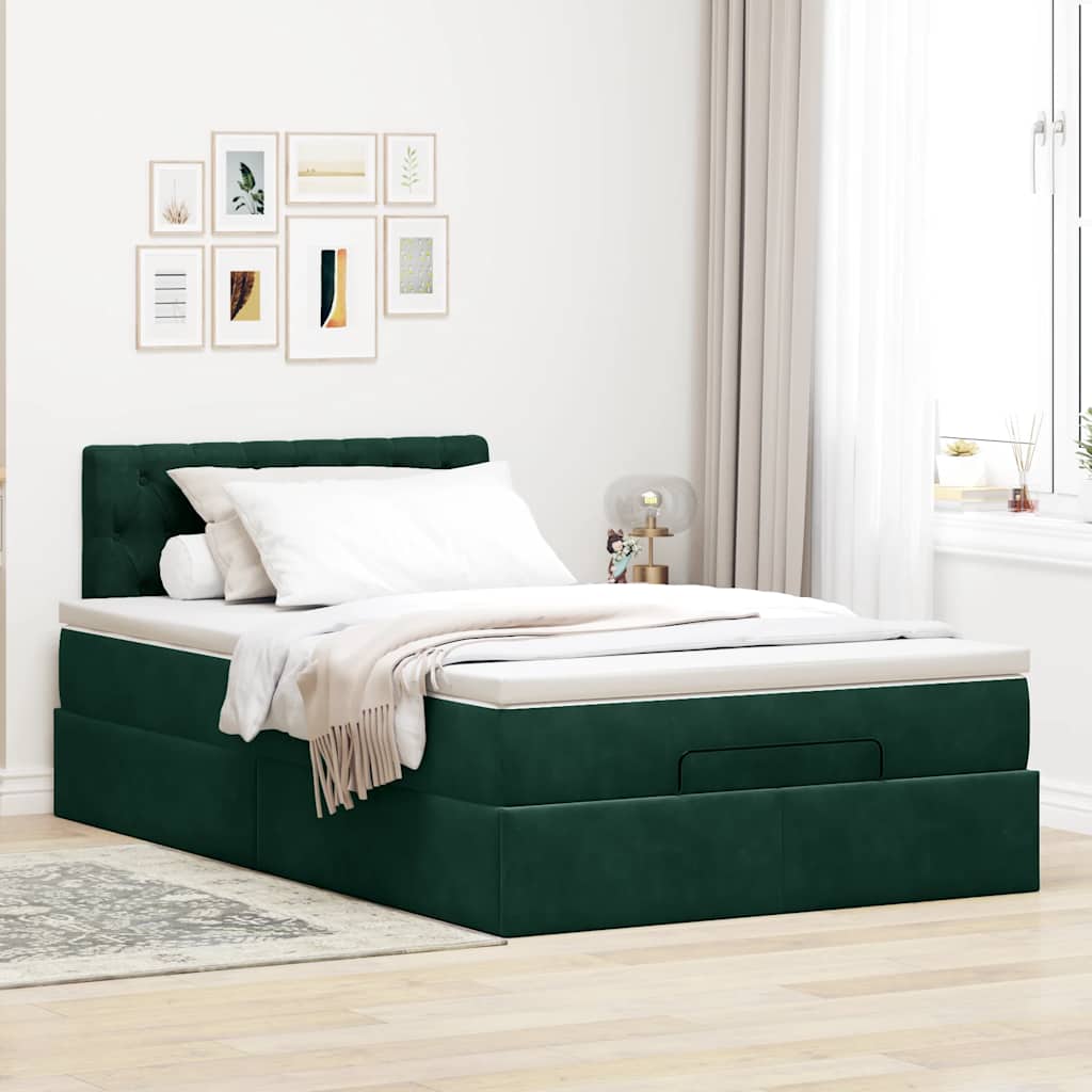 Estrutura de cama otomana com colchão verde escuro veludo