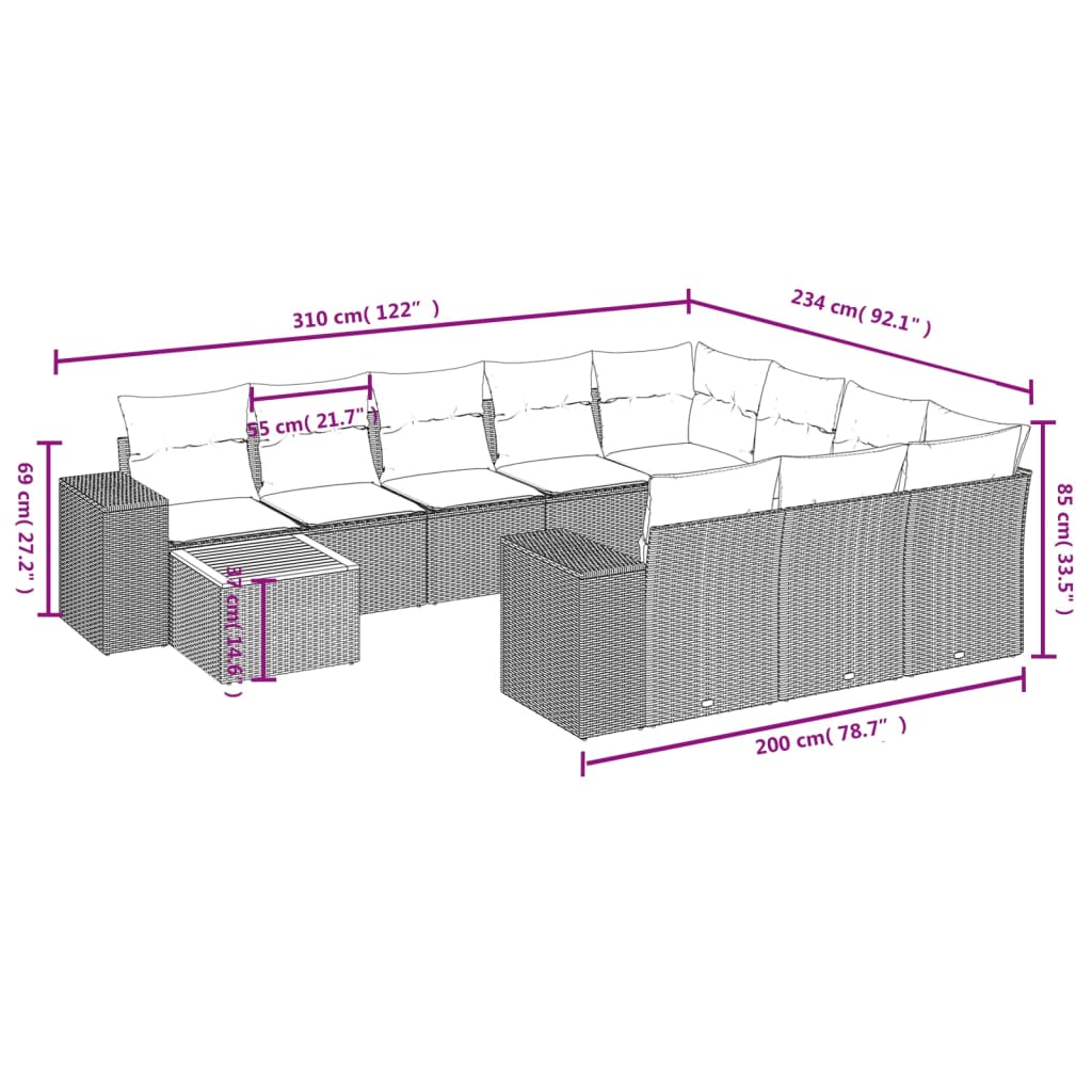 11 Pcs conjunto sofás de jardim c/ almofadões vime PE preto