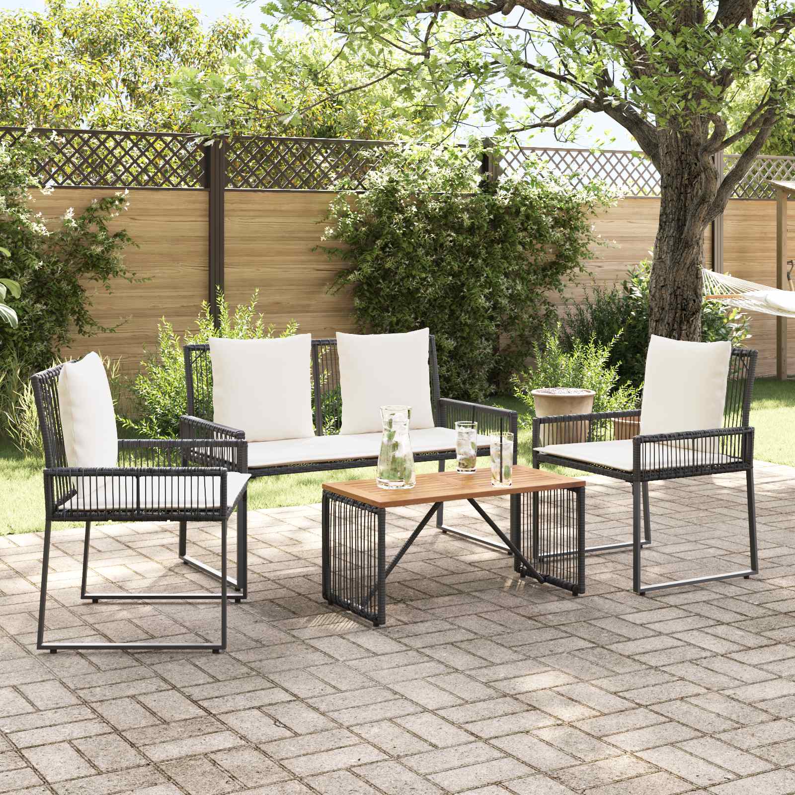 Conjunto de móveis para exterior 4 pcs preto e branco creme