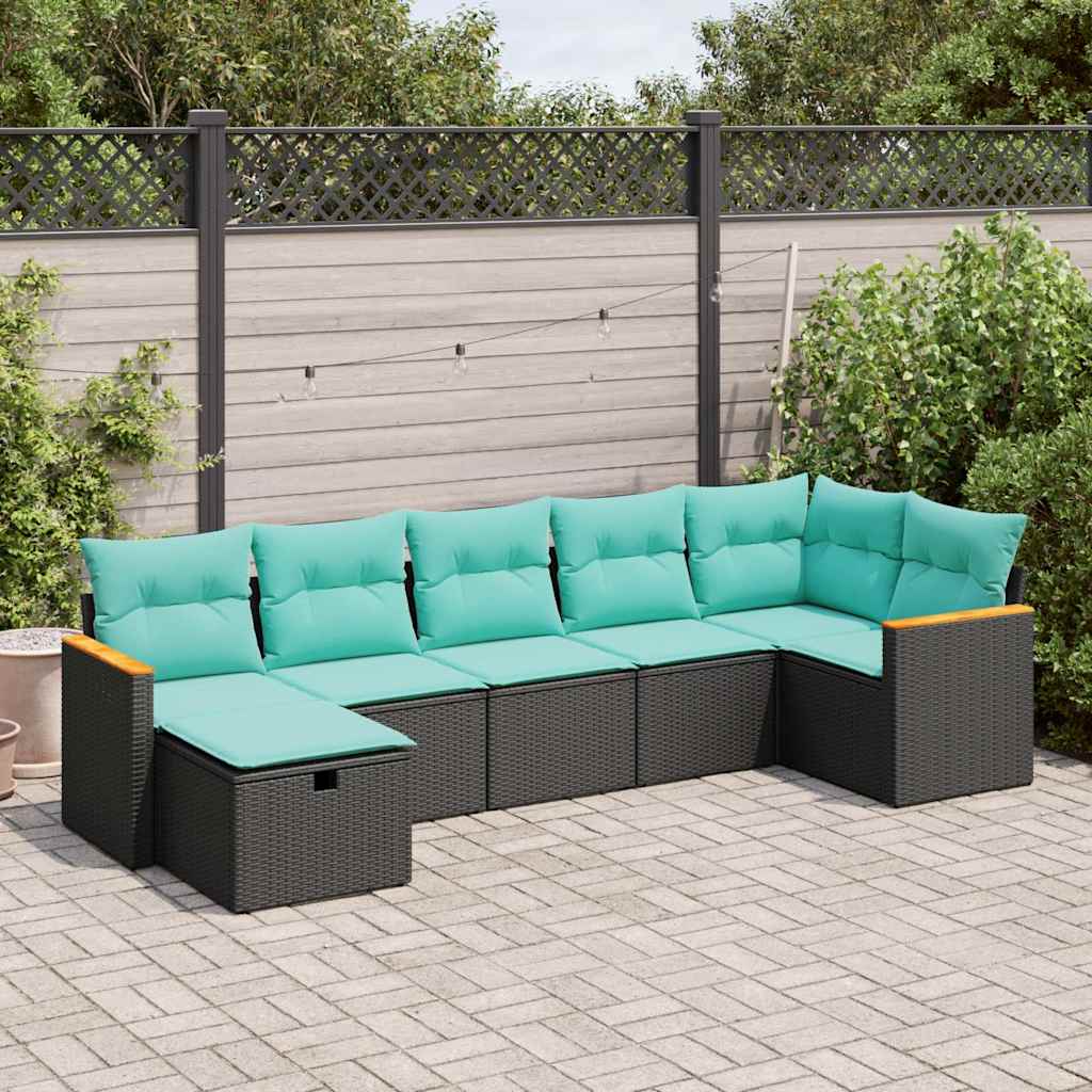7 Pcs conjunto de sofás p/ jardim c/ almofadões vime PE preto