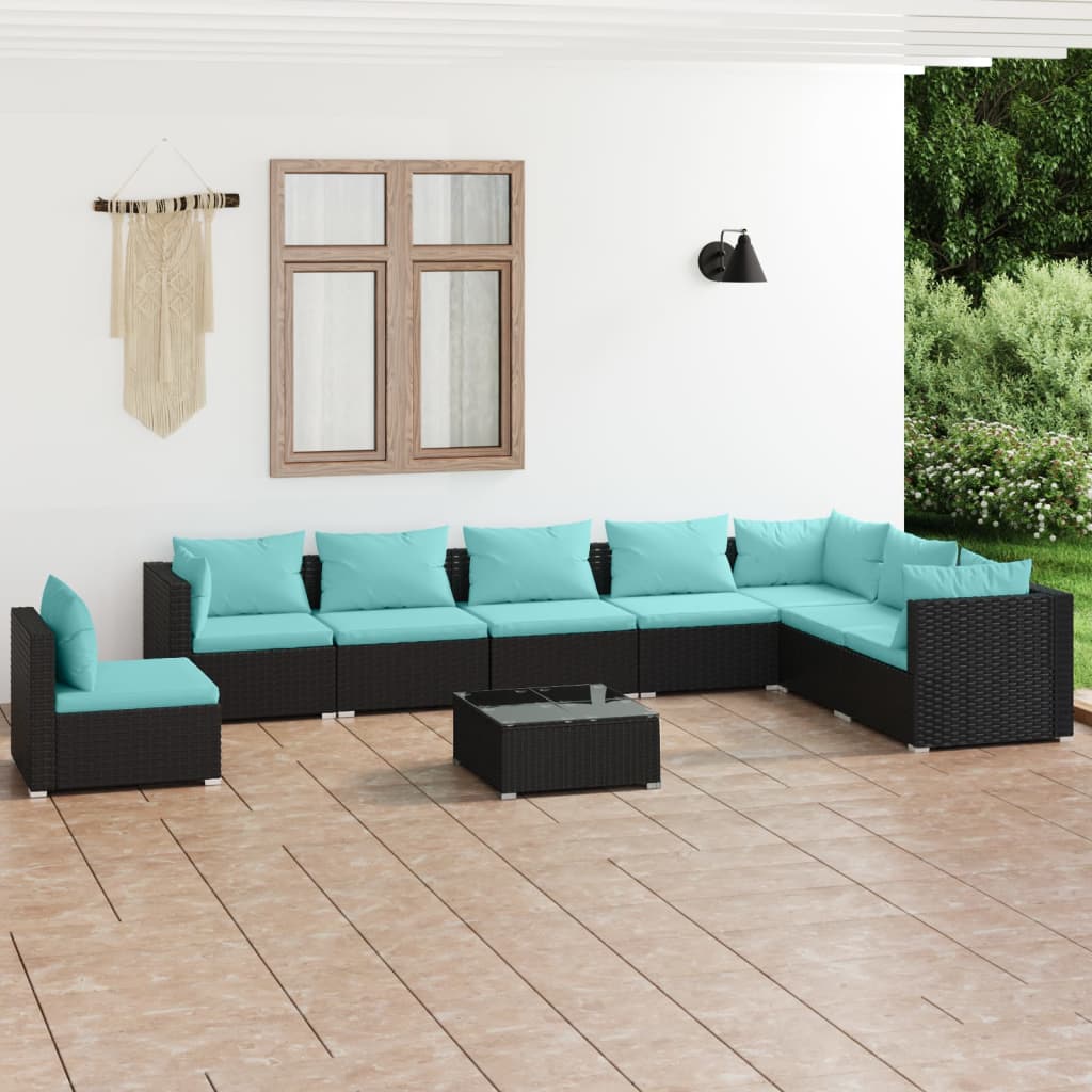 9 Pcs conjunto lounge de jardim c/ almofadões vime PE preto