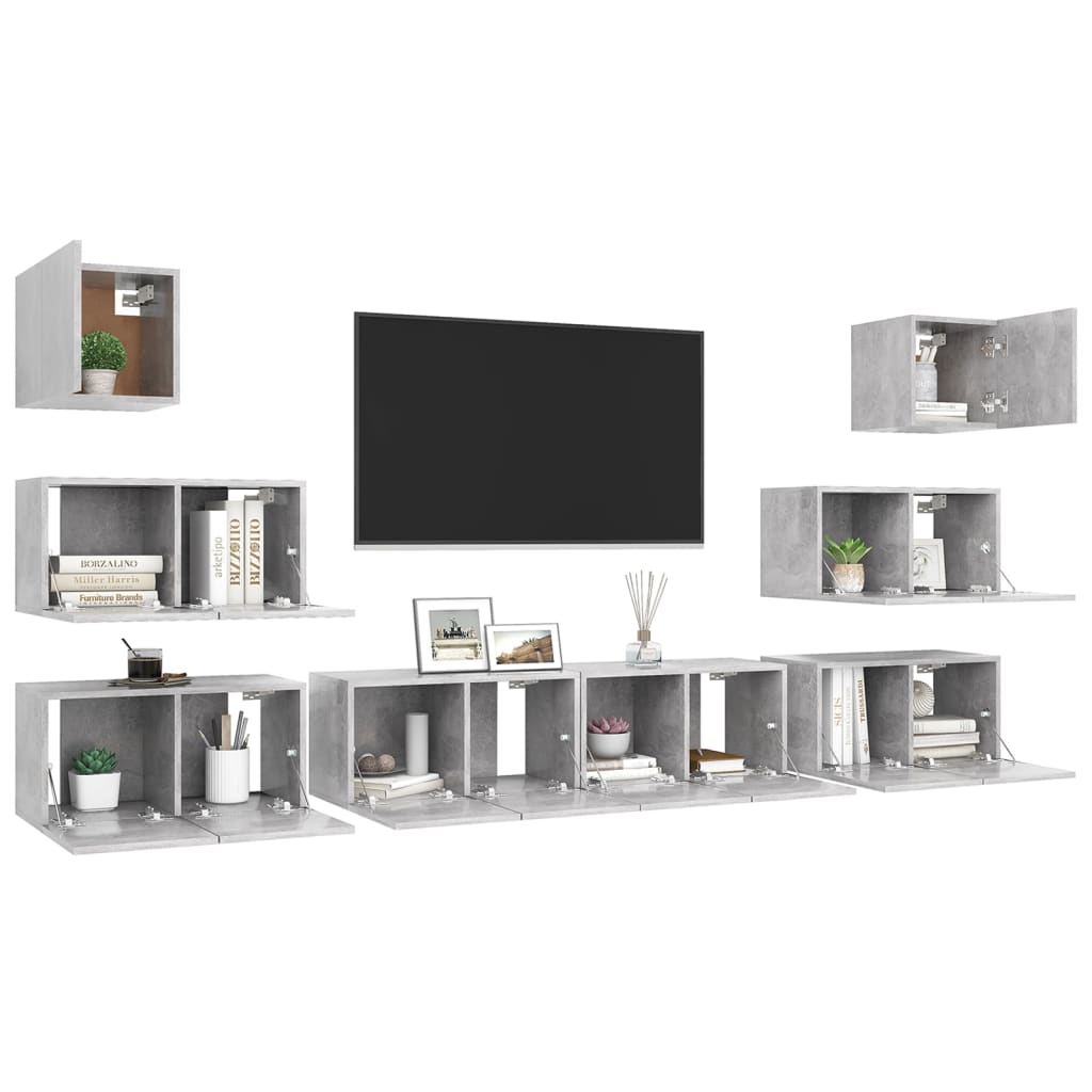 8 Pcs conjunto de móveis de TV derivados madeira cinza cimento