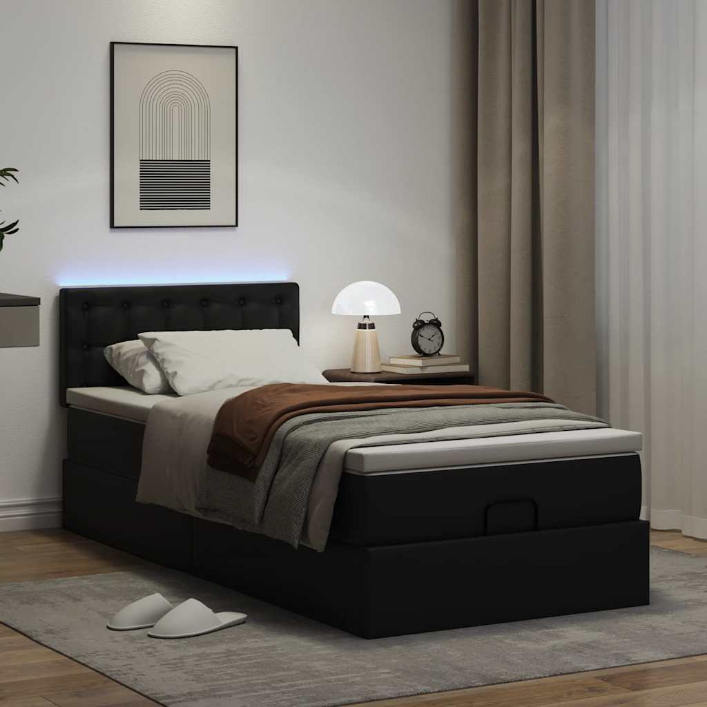 Estrutura de cama otomana com colchão preto couro falso