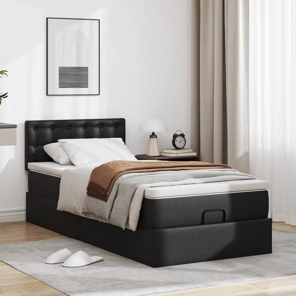 Estrutura de cama otomana com colchão preto couro falso