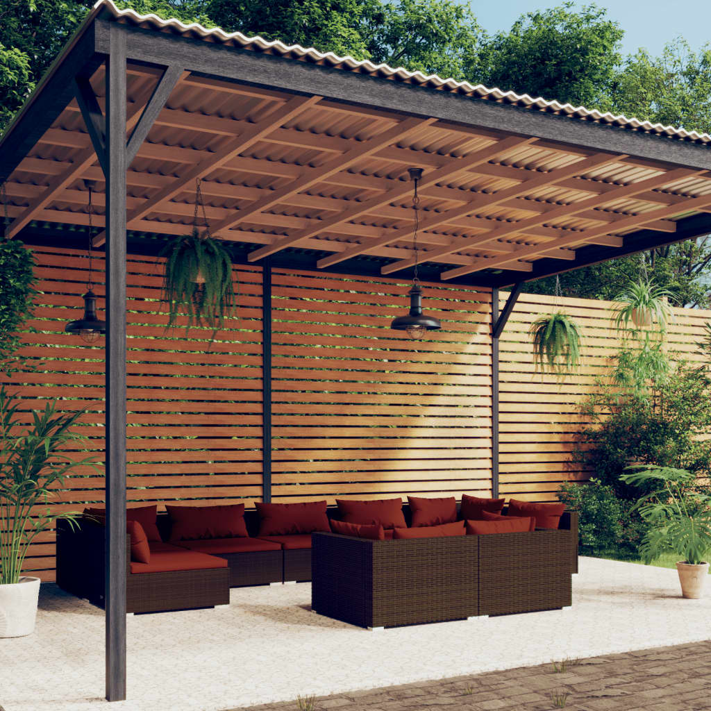 9 Pcs conjunto lounge jardim c/ almofadões vime PE castanho