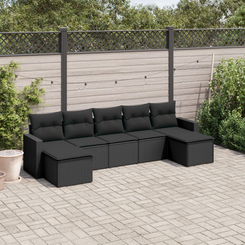 7 Pcs conjunto de sofás p/ jardim c/ almofadões vime PE preto
