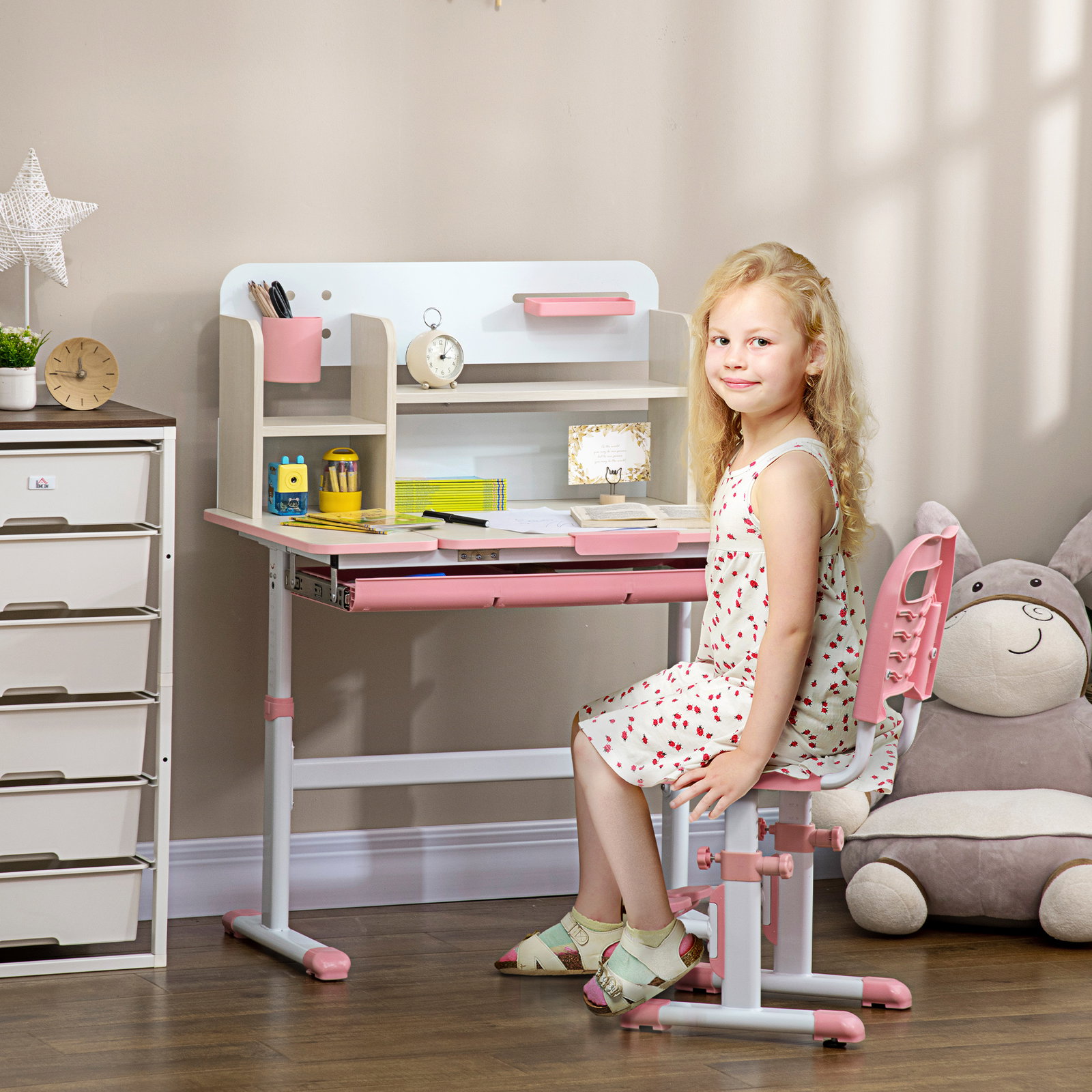 Conjunto de secretária e cadeira para crianças com altura ajustável e bancada inclinável 80x52x88x109cm e 35,5x44,5x66-80cm rosa