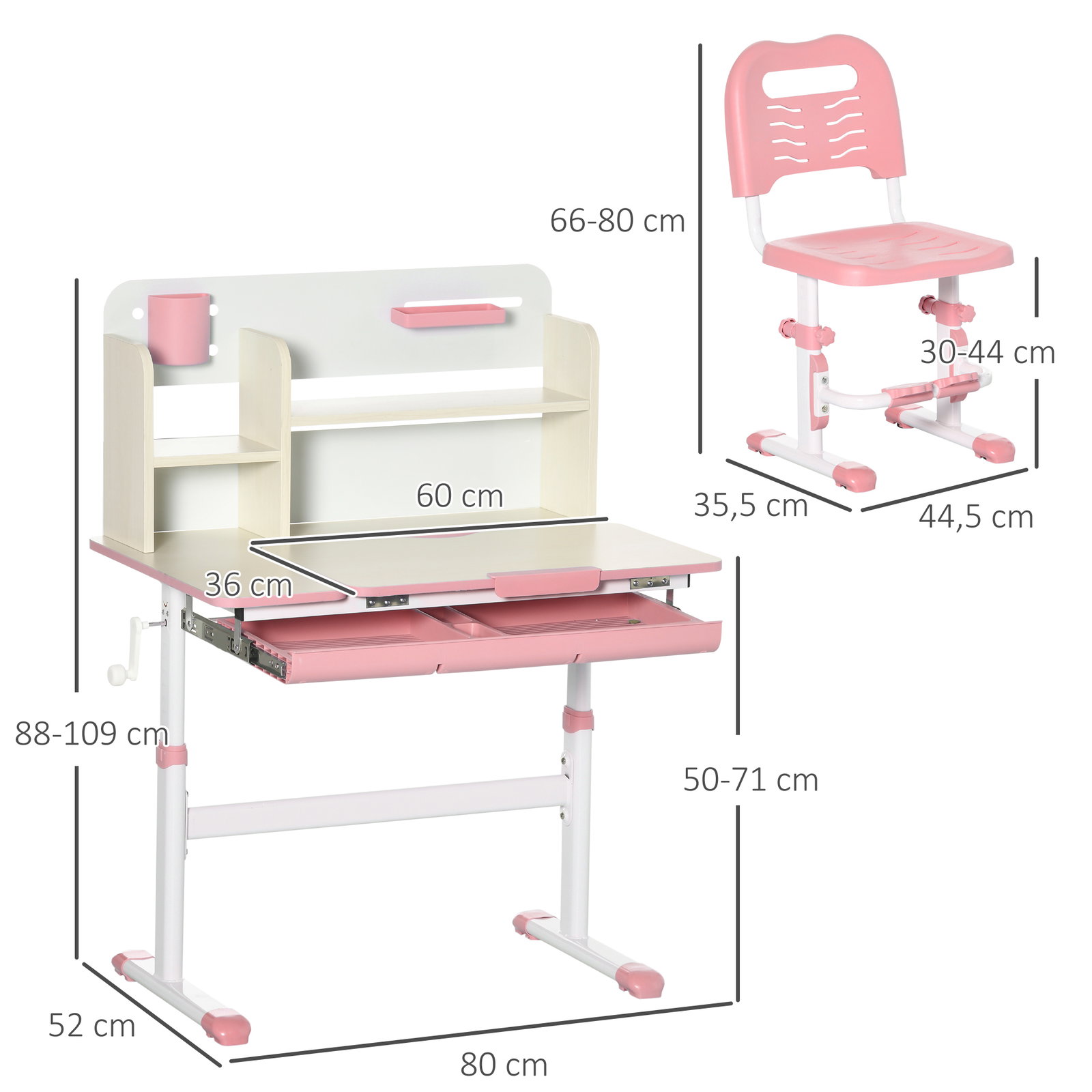 Conjunto de secretária e cadeira para crianças com altura ajustável e bancada inclinável 80x52x88x109cm e 35,5x44,5x66-80cm rosa