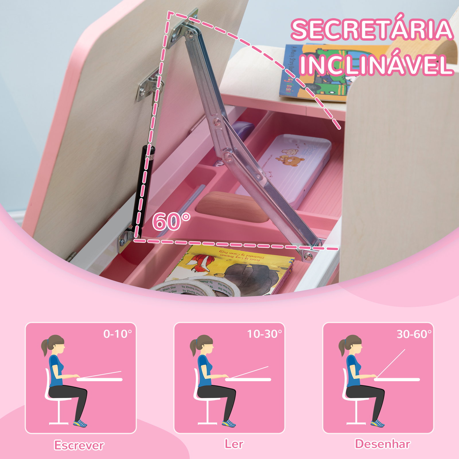 Conjunto de secretária e cadeira para crianças com altura ajustável e bancada inclinável 80x52x88x109cm e 35,5x44,5x66-80cm rosa