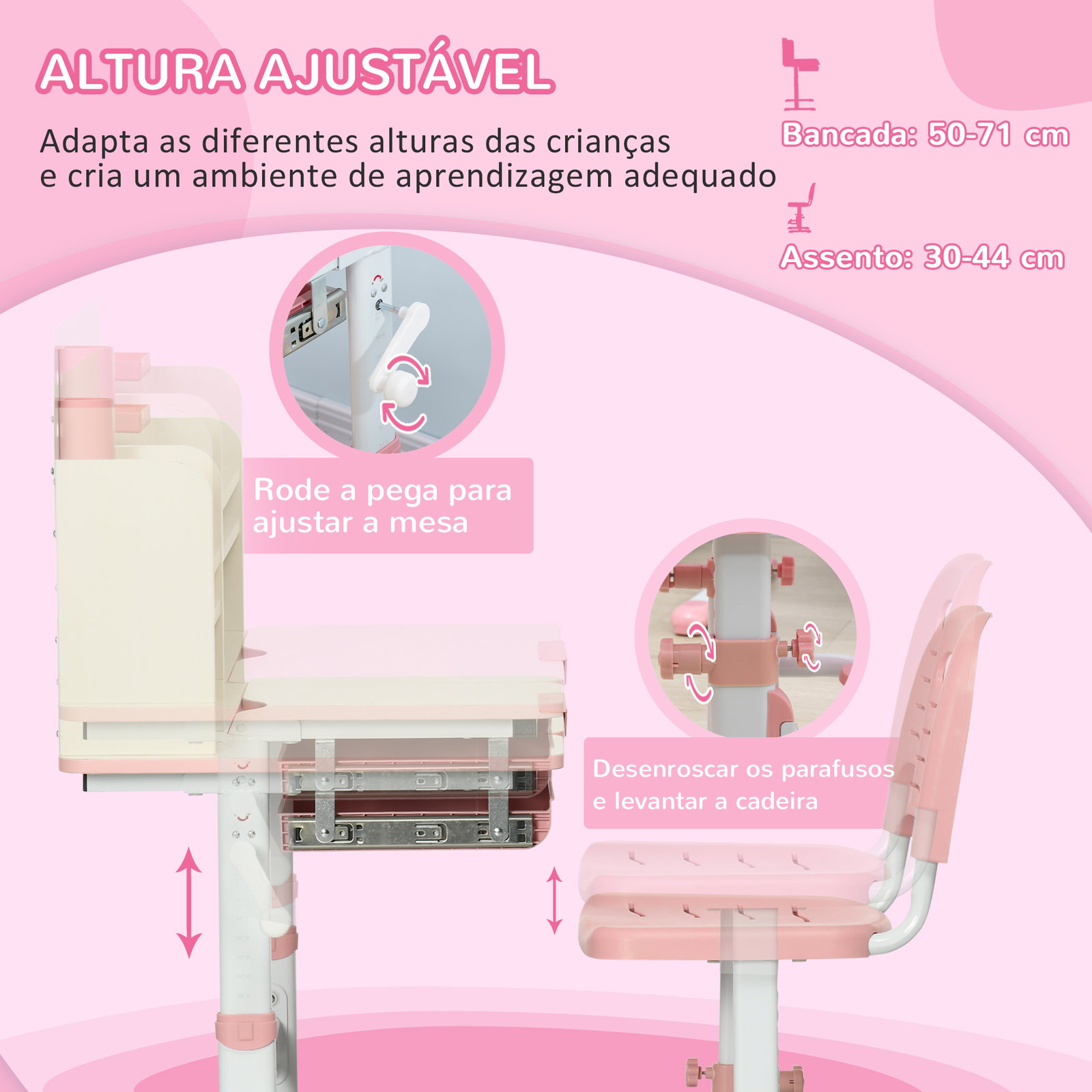 Conjunto de secretária e cadeira para crianças com altura ajustável e bancada inclinável 80x52x88x109cm e 35,5x44,5x66-80cm rosa