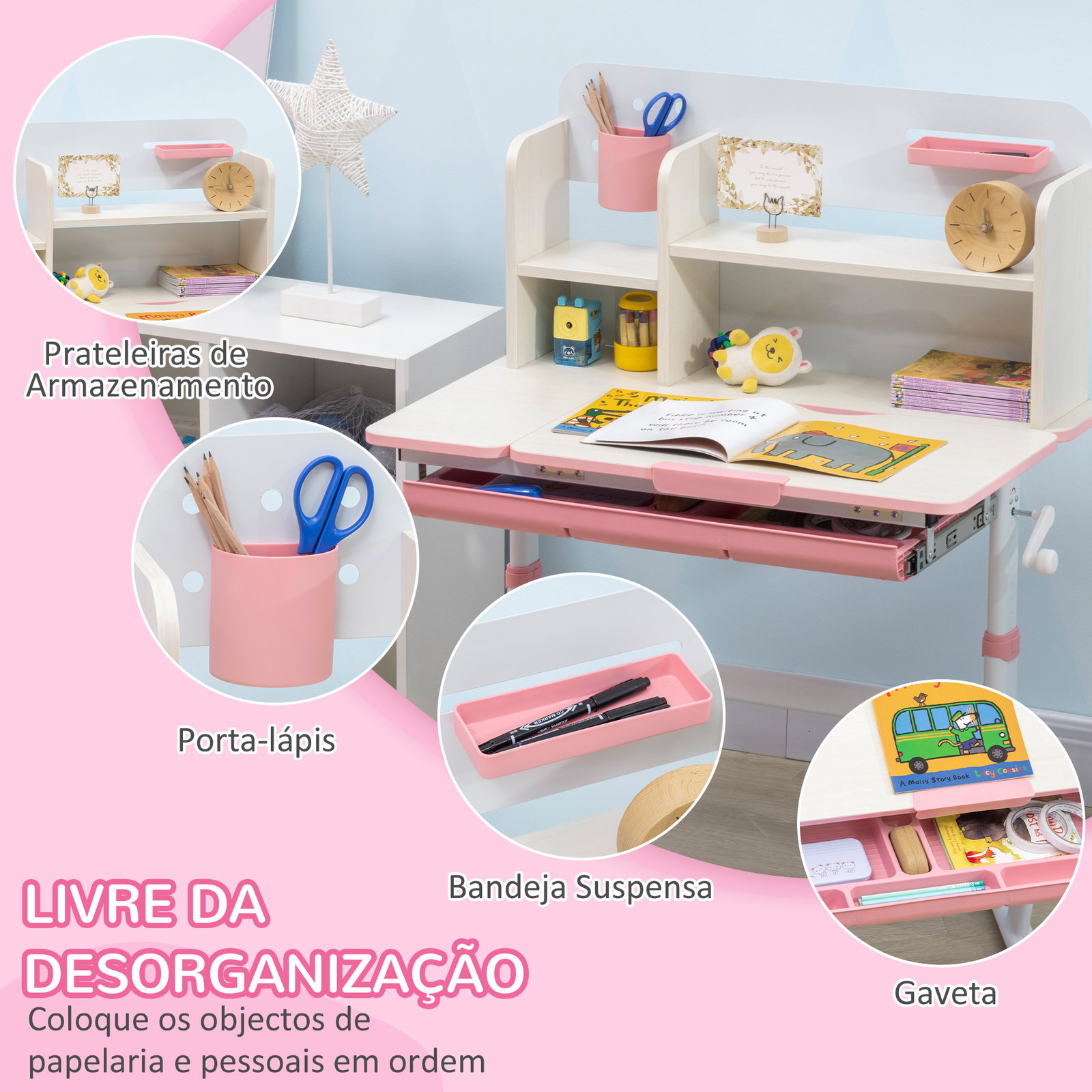 Conjunto de secretária e cadeira para crianças com altura ajustável e bancada inclinável 80x52x88x109cm e 35,5x44,5x66-80cm rosa