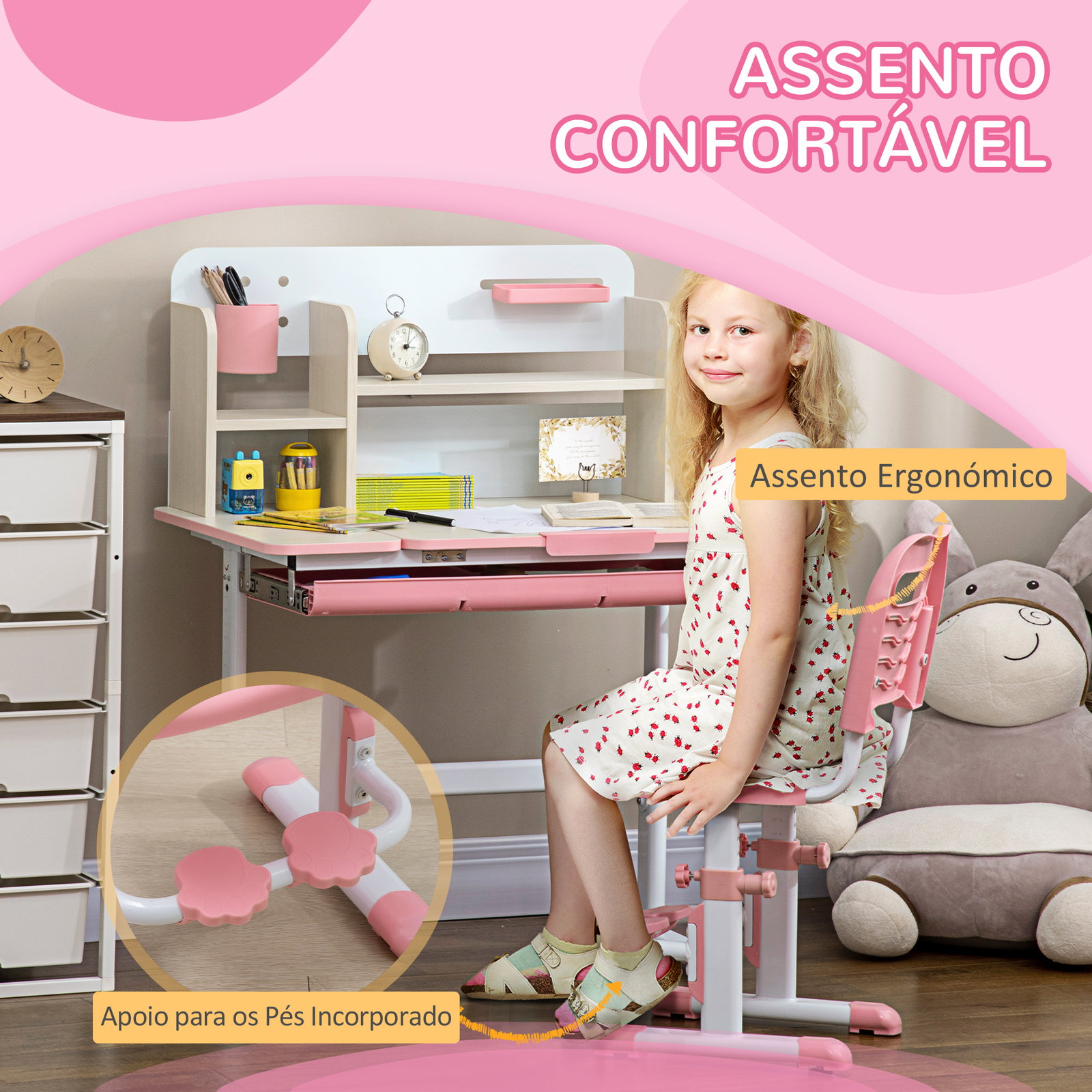 Conjunto de secretária e cadeira para crianças com altura ajustável e bancada inclinável 80x52x88x109cm e 35,5x44,5x66-80cm rosa