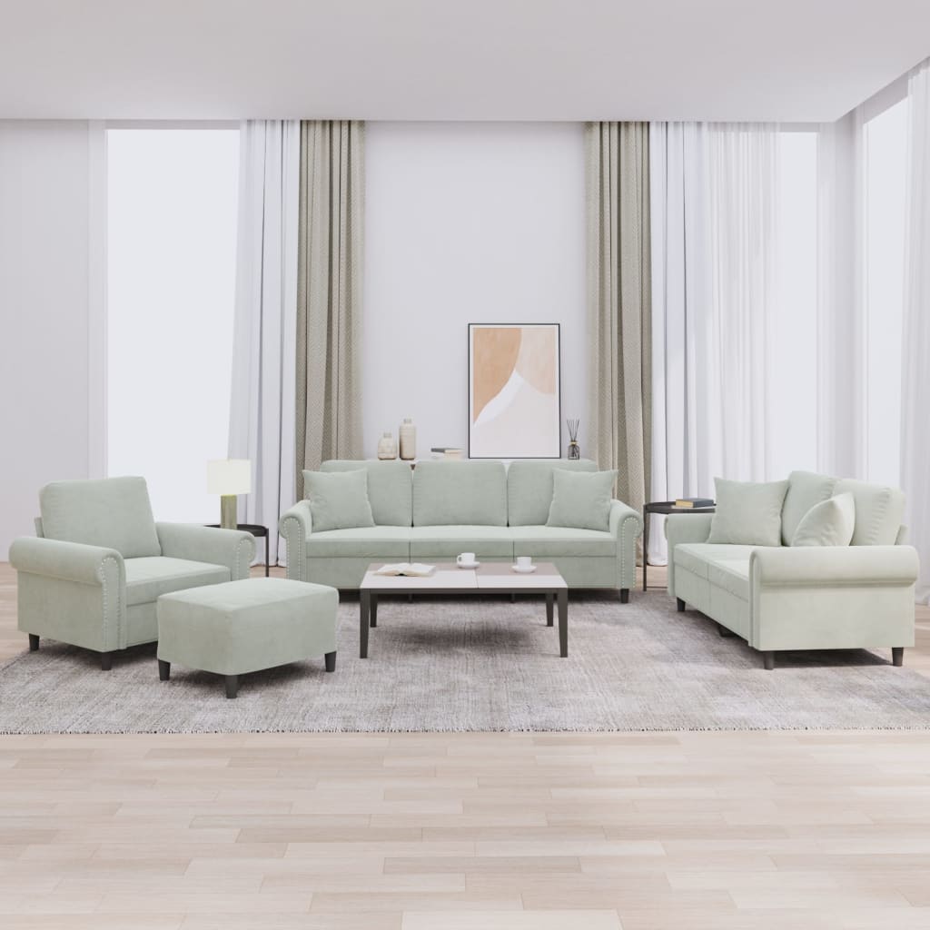 4 Pcs conjunto de sofás com almofadas veludo cinzento-claro