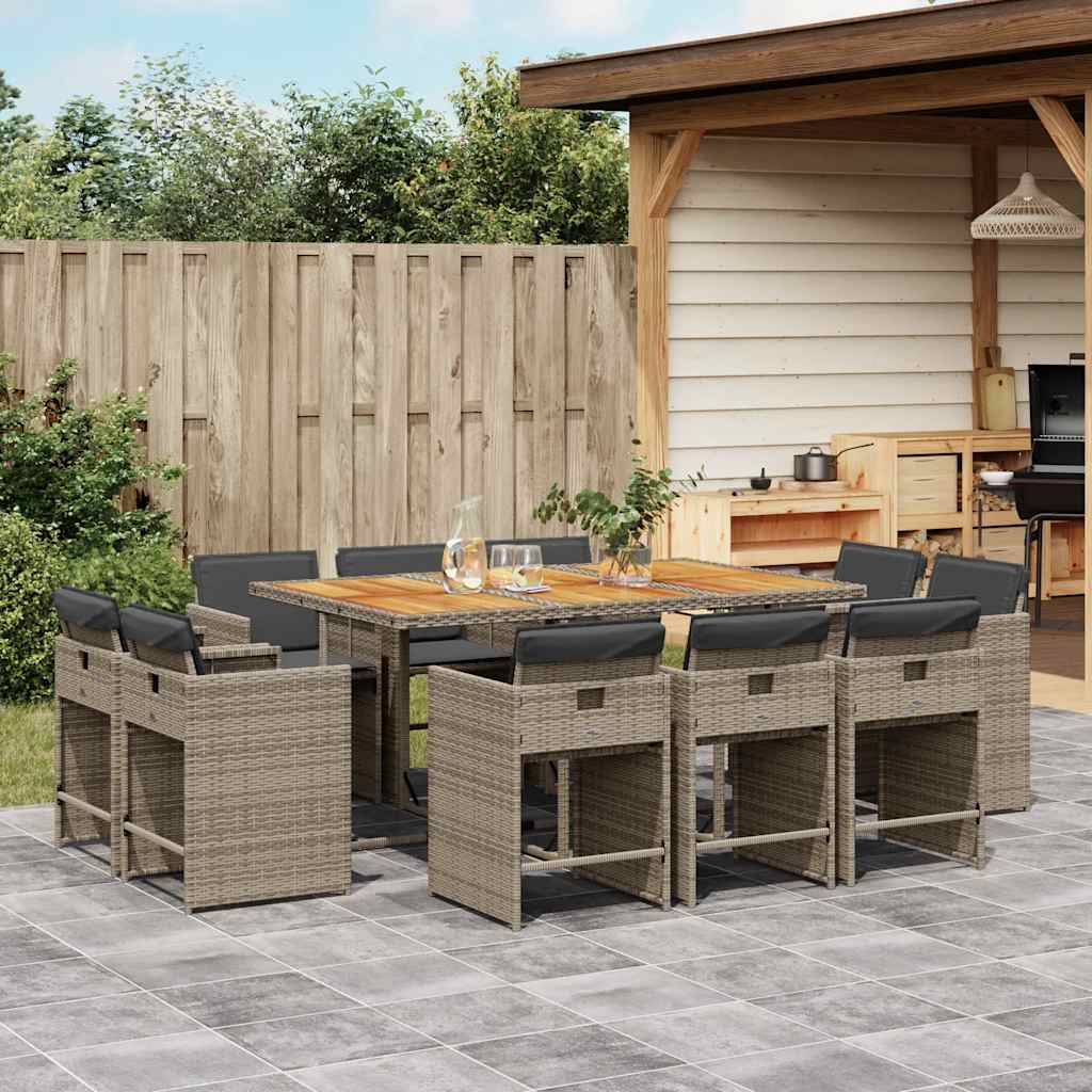 11 Pcs conjunto jantar p/ jardim c/ almofadões vime PE cinzento