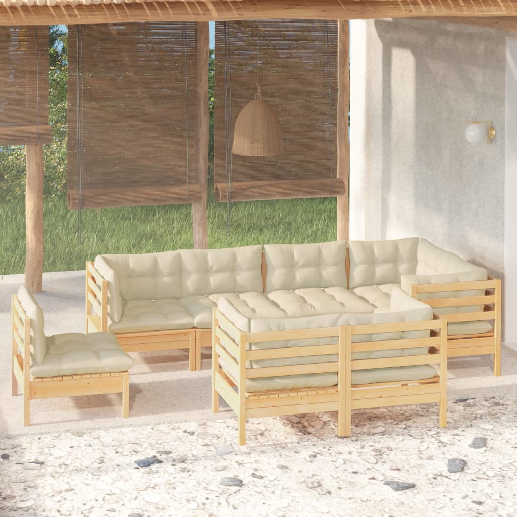 8 Pcs conjunto lounge jardim c/ almofadões creme pinho maciço