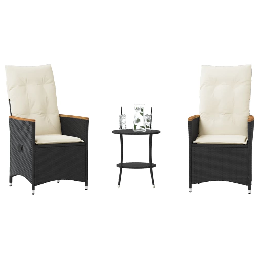 3 Pcs conjunto de bistrô com almofadões vime PE preto