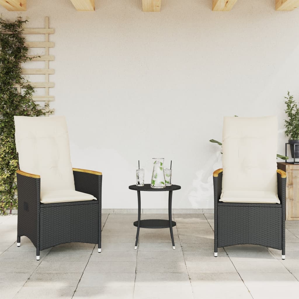 3 Pcs conjunto de bistrô com almofadões vime PE preto