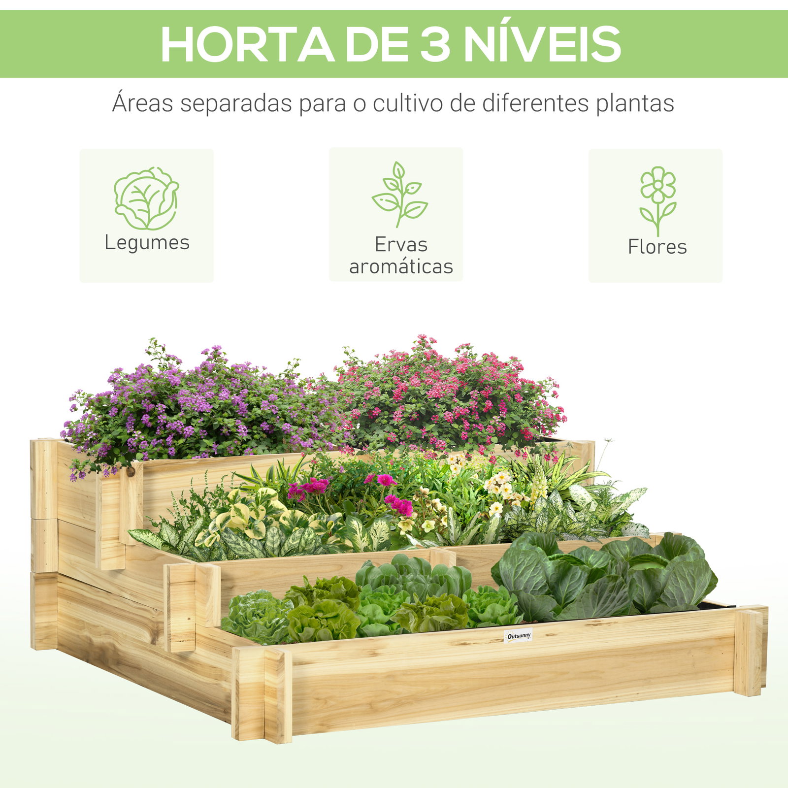 Caixa de plantio de madeira de 3 níveis com malha geotextil para cultivos de plantas flores exterior 93x93x35 cm madeira