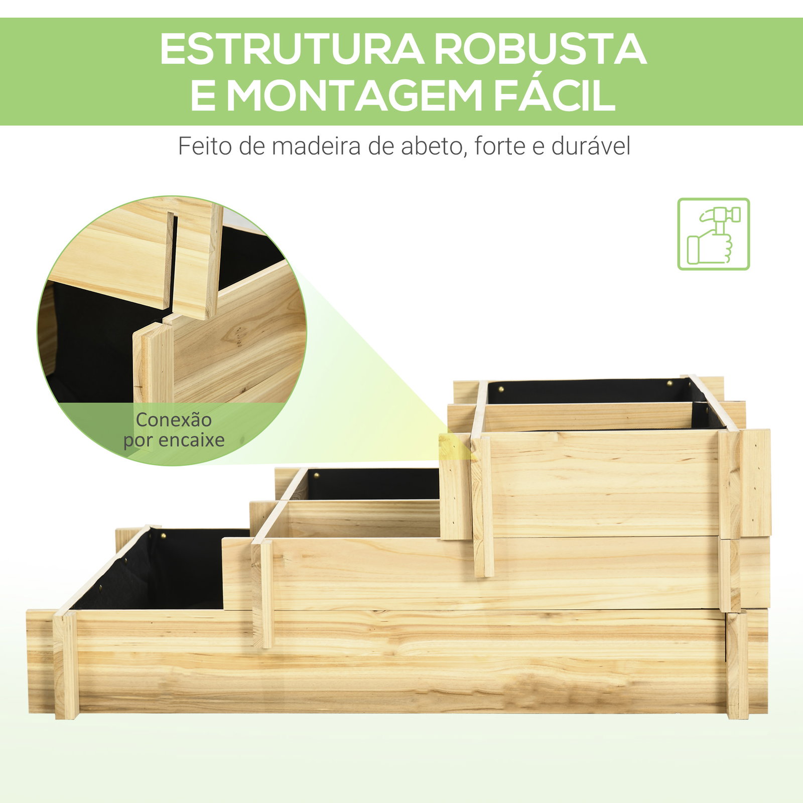 Caixa de plantio de madeira de 3 níveis com malha geotextil para cultivos de plantas flores exterior 93x93x35 cm madeira