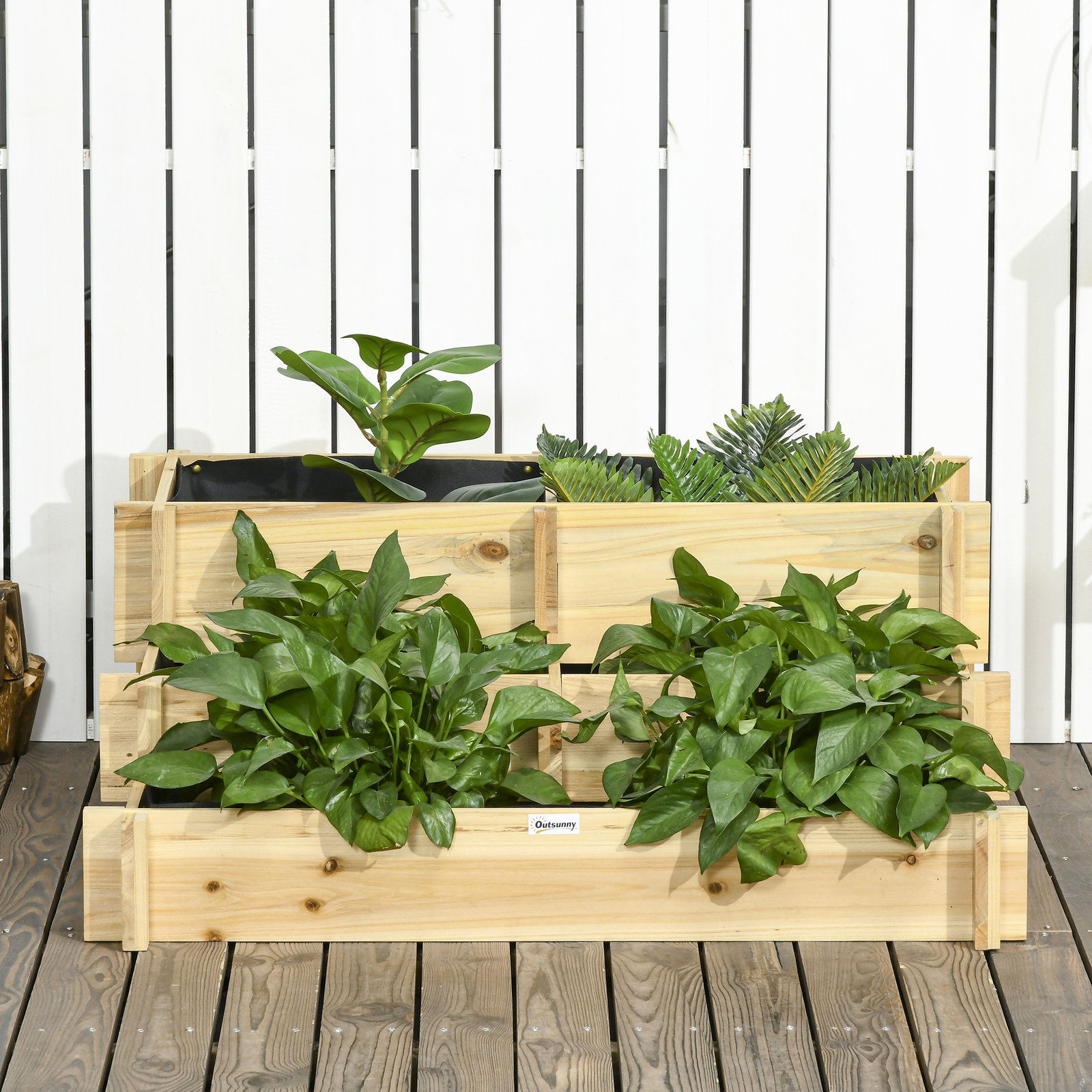 Caixa de plantio de madeira de 3 níveis com malha geotextil para cultivos de plantas flores exterior 93x93x35 cm madeira