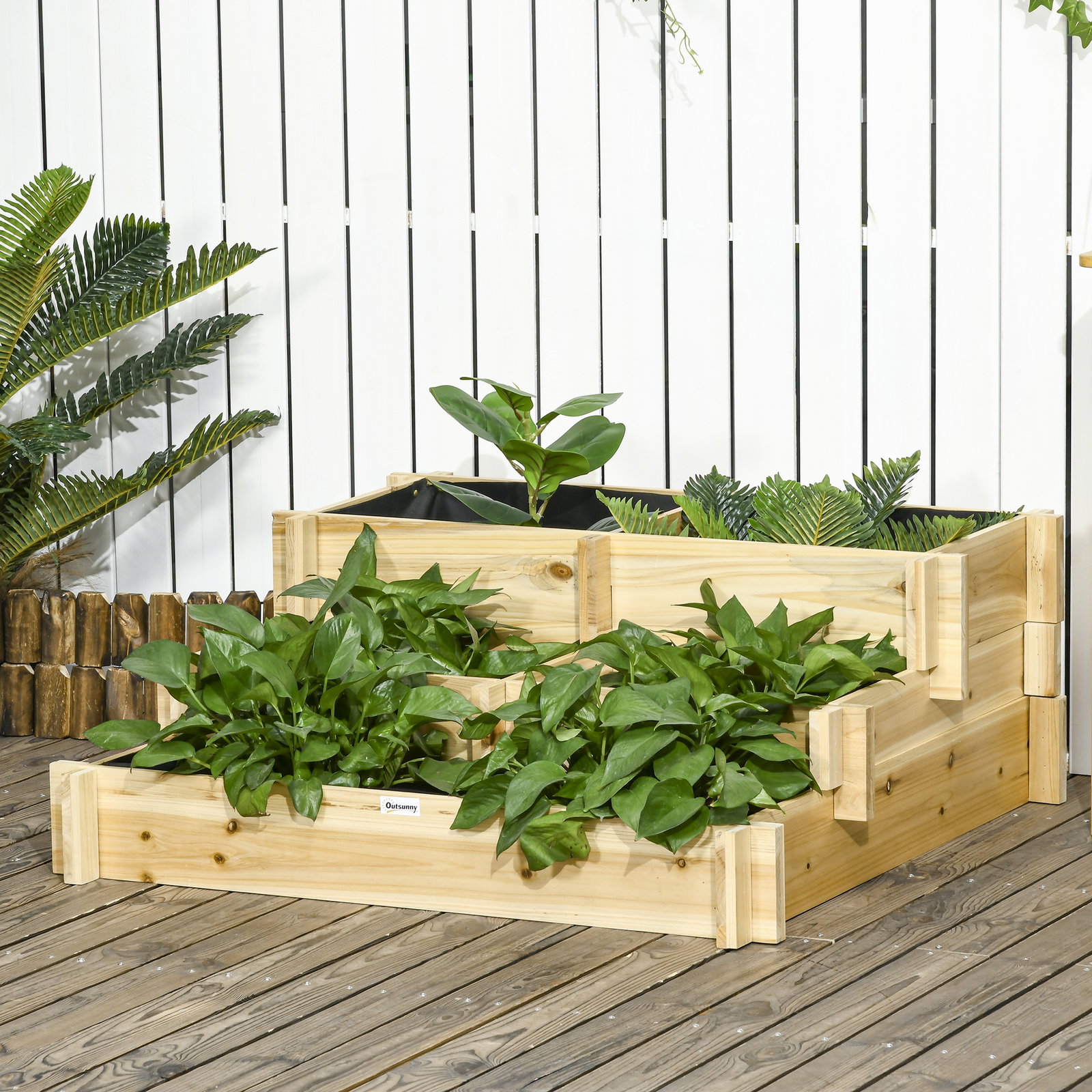 Caixa de plantio de madeira de 3 níveis com malha geotextil para cultivos de plantas flores exterior 93x93x35 cm madeira