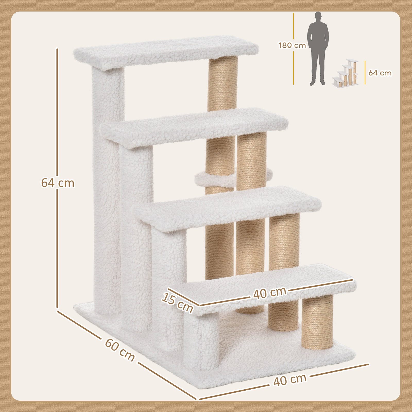 Escada para Gatos de 4 Níveis Coberta de Pelúcia Suave Poste de Juta Bola Pendurada Arranhador para Gatos 60x40x64 cm Branco