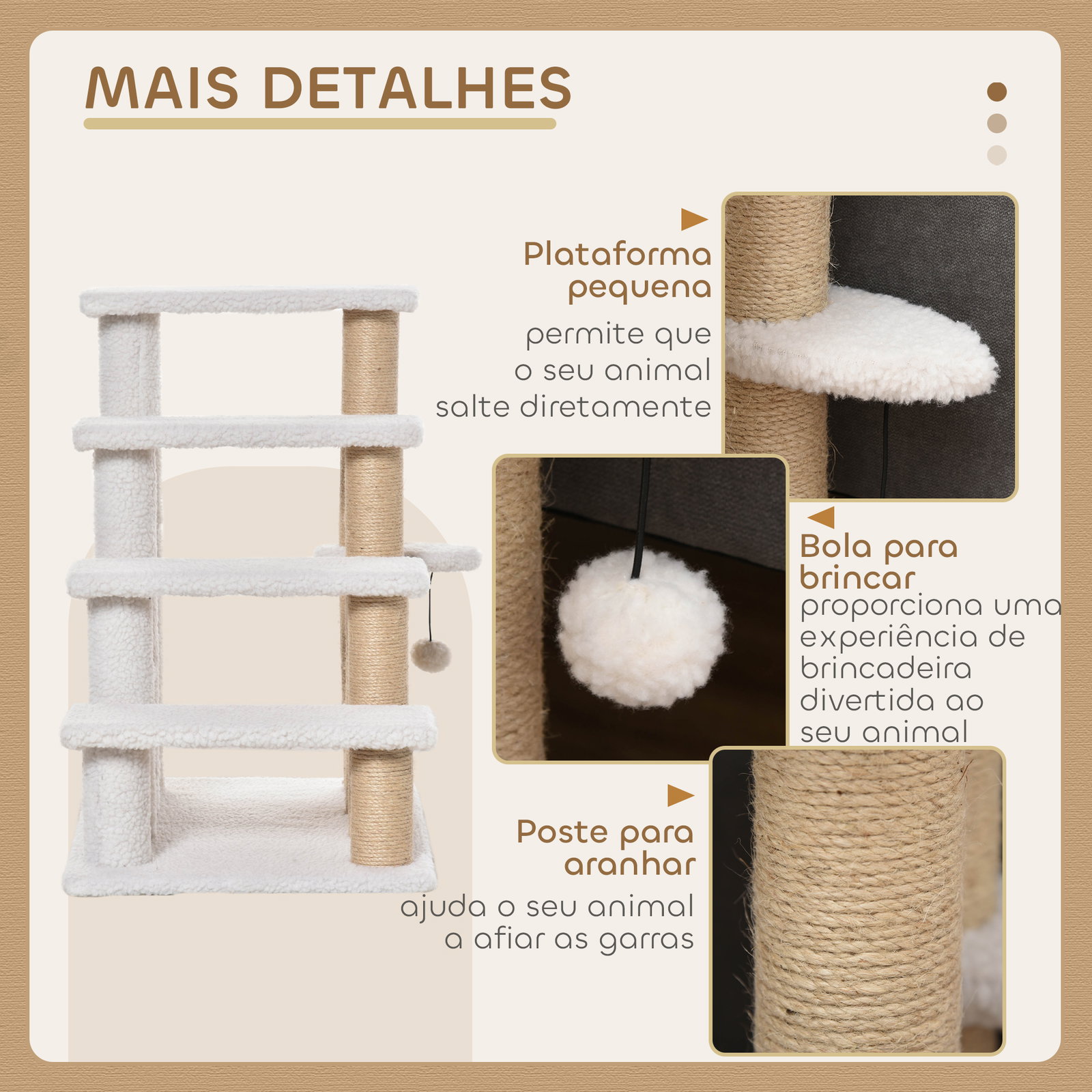 Escada para Gatos de 4 Níveis Coberta de Pelúcia Suave Poste de Juta Bola Pendurada Arranhador para Gatos 60x40x64 cm Branco