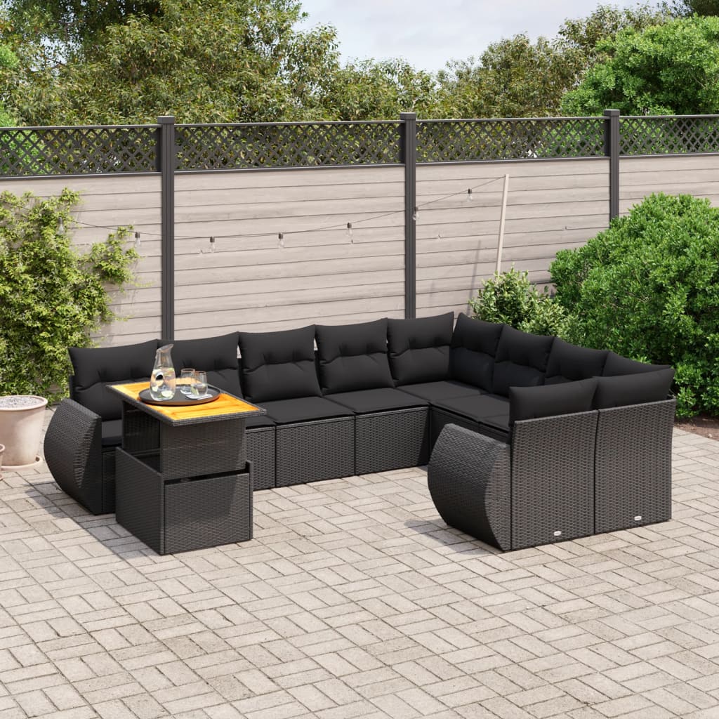 10 Pcs conjunto sofás de jardim c/ almofadões vime PE preto