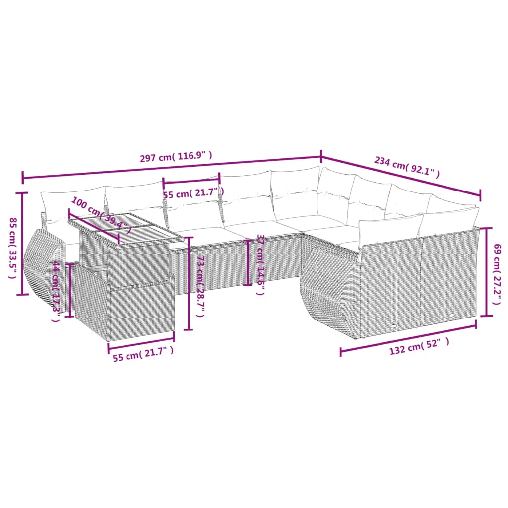 10 Pcs conjunto sofás de jardim c/ almofadões vime PE preto