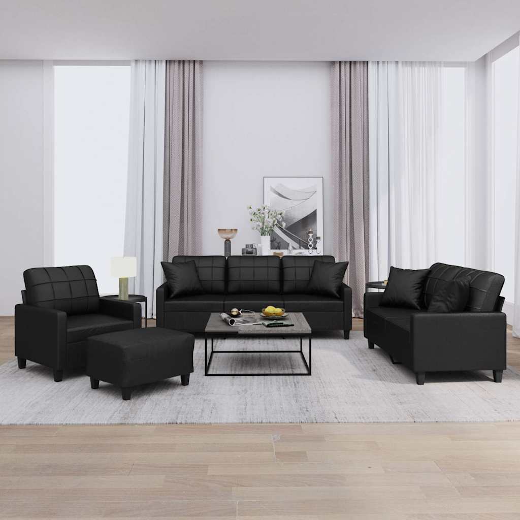 4 Pcs conjunto de sofás com almofadas couro artificial preto