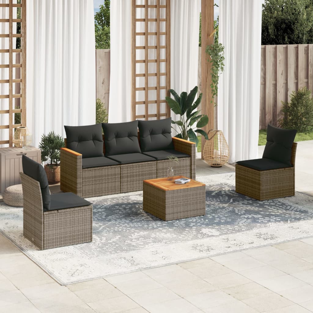 6 Pcs conjunto sofás de jardim com almofadões vime cinzento