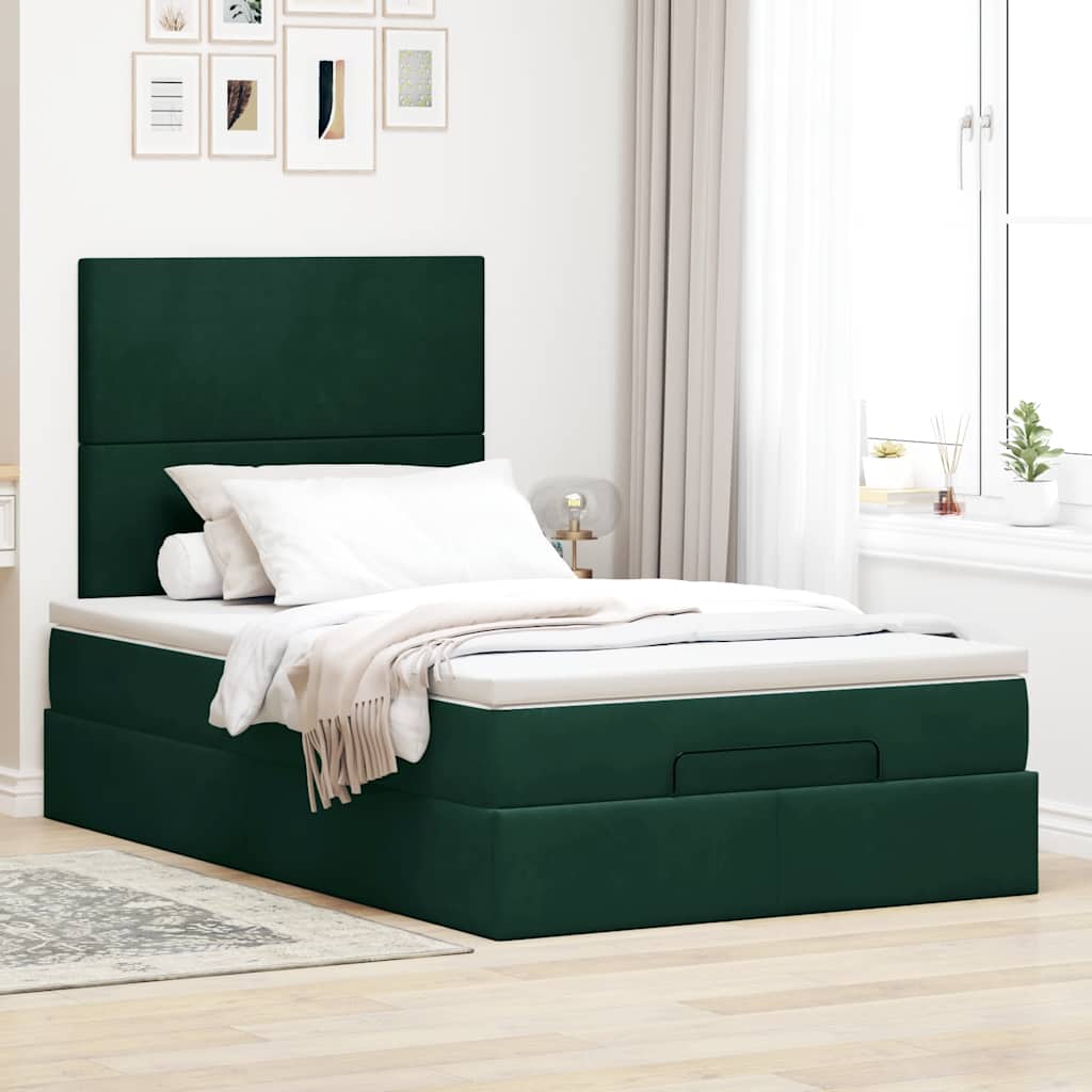 Estrutura de cama otomana com colchões verde escuro veludo