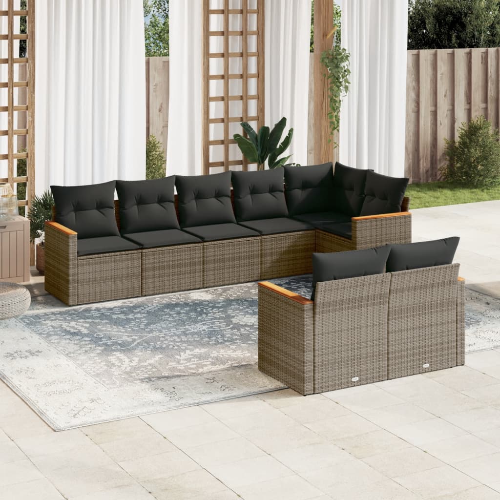 8 Pcs conjunto sofás de jardim c/ almofadões vime PE cinzento