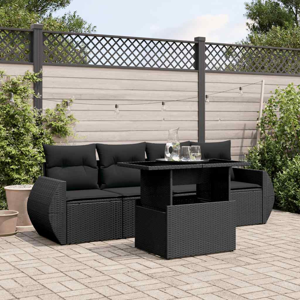 5 Pcs conjunto sofás de jardim com almofadões vime PE preto