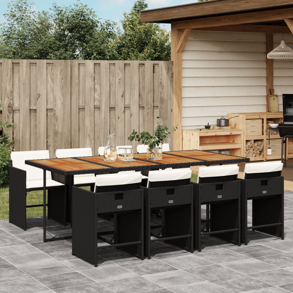 9 Pcs conjunto de jantar p/ jardim c/ almofadões vime PE preto