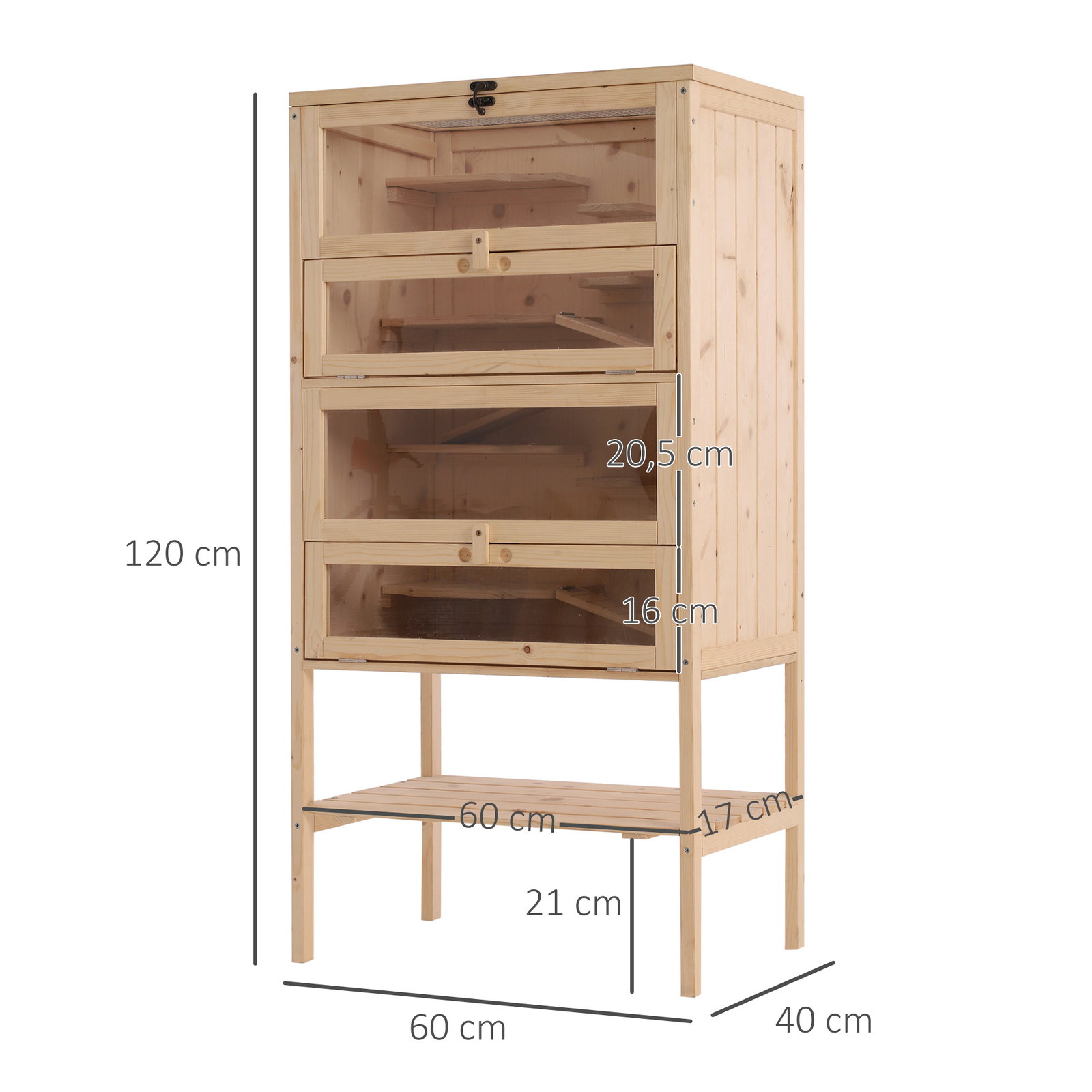 Gaiola de madeira para hamsters e outros pequenos roedores 60x40x120cm madeira natural