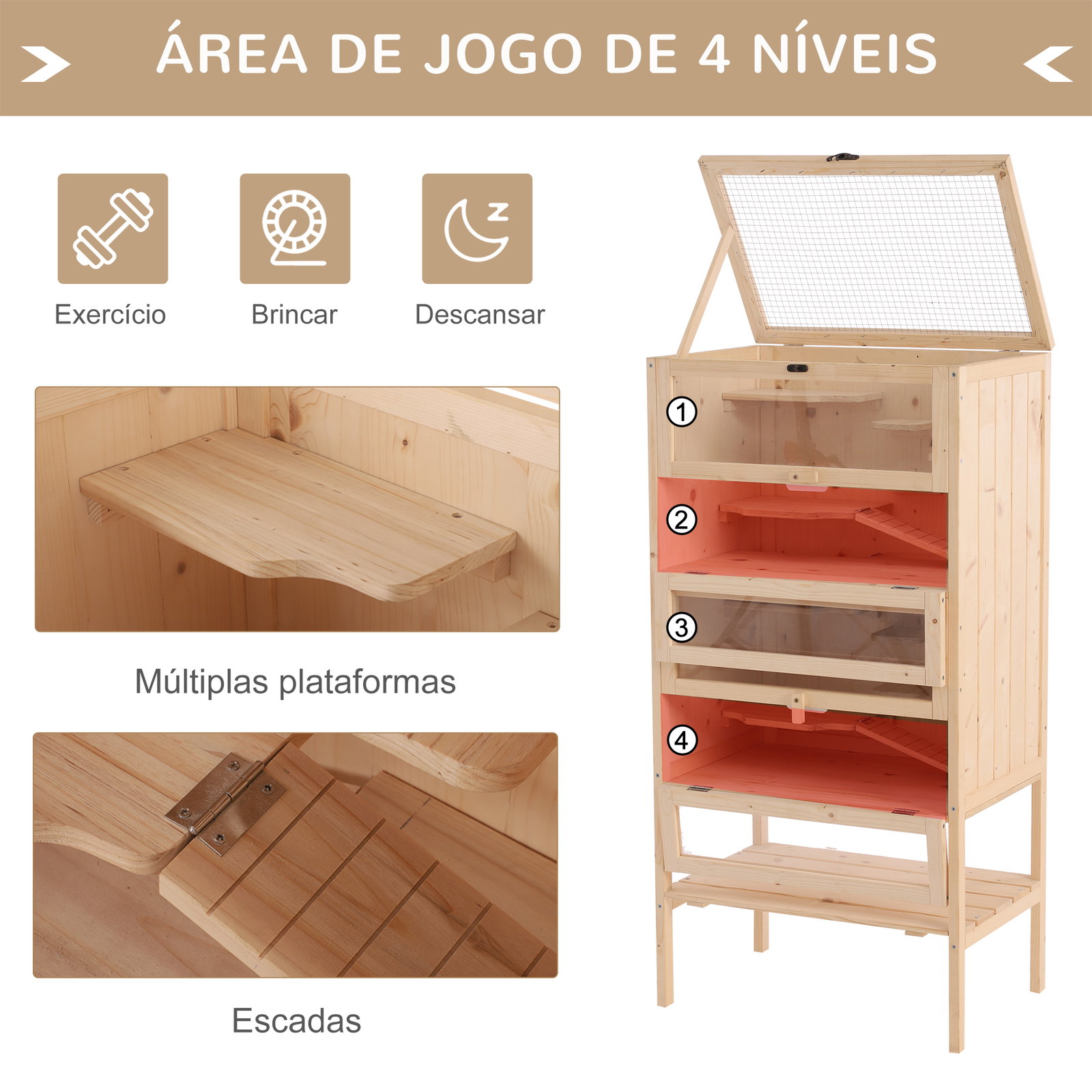 Gaiola de madeira para hamsters e outros pequenos roedores 60x40x120cm madeira natural