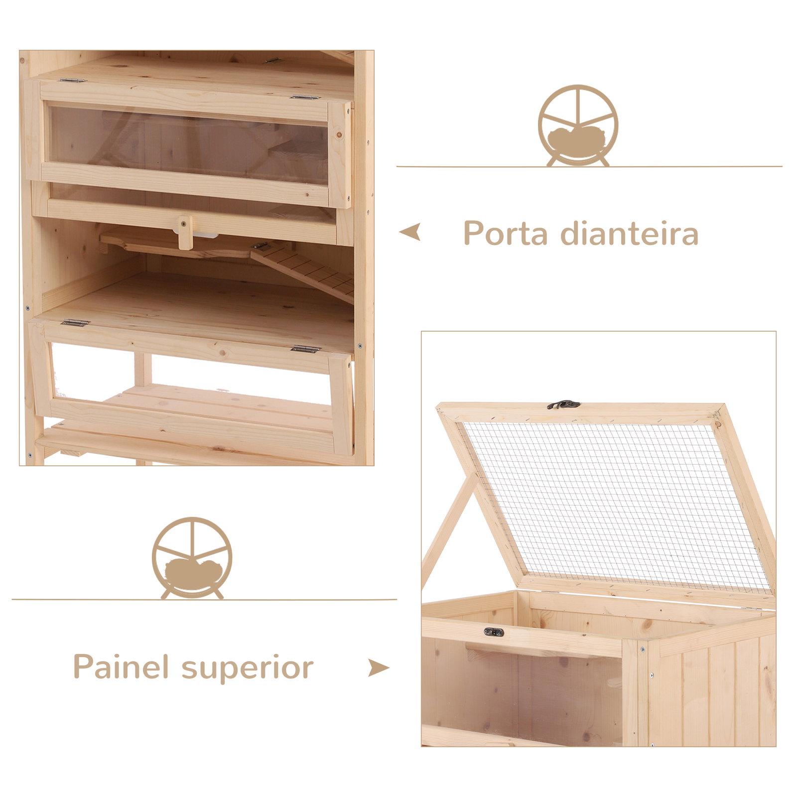 Gaiola de madeira para hamsters e outros pequenos roedores 60x40x120cm madeira natural